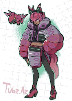 1girl 2026 abstract_background animal_ears arm_at_side artist_name black_jacket black_pantyhose bug collared_jacket commentary crossover dark-skinned_female dark_skin down_jacket english_commentary eyeshadow female_focus full_body fusion gen_5_pokemon green_eyes groin hair_over_one_eye half-closed_eyes hand_in_pocket headphones high_heels highres horse_ears horse_girl jacket long_sleeves looking_at_viewer makeup midriff_peek multicolored_hair multicolored_jacket navel nintendo original pantyhose patterned_background personification pokemon puffy_long_sleeves puffy_sleeves purple_eyeshadow purple_hair purple_jacket purple_lips purple_shoes scolipede shoes standing streaked_hair tubz_az umamusume