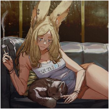 1girl absurdres android animal animal_ears blonde_hair blue_eyes blush body_markings border breasts brown_shorts cat cigarette cleavage clothes_writing commentary couch covered_erect_nipples cowboy_shot english_commentary english_text ev_(spindle_(aidenr0)) glasses grey_tank_top hand_up highres holding holding_cigarette large_breasts long_hair looking_at_animal looking_down no_bra on_couch original parted_bangs parted_lips pet print_tank_top rabbit_ears rabbit_girl reclining round_eyewear short_shorts shorts smile smoking solo spindle_(aidenr0) tank_top white_border wristband