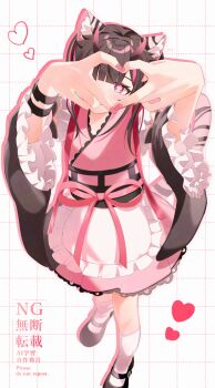 Rule 34 | 1boy, animal ears, black shoes, bracelet, cho kaguya-hime!, commentary request, crossdressing, crossdressing (mtf), head tilt, heart, heart hands, highres, horns, inana, japanese clothes, jewelry, komazawa noi, looking at viewer, male focus, one eye covered, pink nails, pink ribbon, ribbon, shoes, socks, solo, trap, twintails, white socks