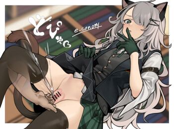 1boy 1girl ahoge animal_ears arknights arm_strap artist_name bar_censor black_skirt black_thighhighs black_vest border bright_pupils cat_ears cat_girl cat_tail censored clitoris clothes_lift colored_skin commentary_request disembodied_hand dutch_angle e_draw_paint female_ejaculation fingering furrowed_brow gloves green_eyes green_gloves green_skirt grey_hair hair_ornament hairpin indoors legs_apart library light_blush long_hair mint_(arknights) mint_(private_study)_(arknights) multicolored_skin navel no_panties official_alternate_costume outside_border parted_bangs parted_lips plaid_clothes plaid_skirt shirt skirt skirt_lift solo_focus sound_effects standing straight_hair tail thighhighs translation_request two-tone_skin v-shaped_eyebrows vest white_border white_shirt