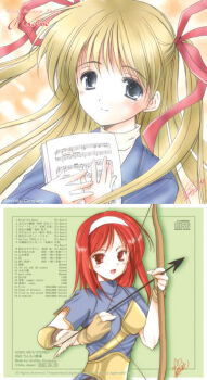 Rule 34 | 2000s (style), 2003, 2girls, album cover, archer (ragnarok online), arrow (projectile), azuma yuki, back cover, blonde hair, blue dress, blue eyes, blue shirt, bow (weapon), brown gloves, closed mouth, commentary request, cover, dress, fingerless gloves, gloves, hair ribbon, hairband, holding, holding bow (weapon), holding weapon, list, long hair, long sleeves, looking at viewer, medium hair, multiple girls, muneate, open mouth, priest (ragnarok online), ragnarok online, red eyes, red hair, red ribbon, ribbon, sheet music, shirt, short sleeves, smile, upper body, weapon, white hairband