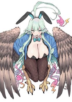 1girl absurdres ahoge alternate_costume animal_ears bird_legs black_leotard blue_jacket blush bow bowtie breasts brown_pantyhose commentary_request detached_collar fake_animal_ears fate/grand_order fate_(series) feathered_wings feathers fishnet_pantyhose fishnets green_eyes green_hair harpy highleg highleg_leotard highres jacket large_breasts leotard long_hair long_sleeves looking_at_viewer louhi_(fate) louhi_(third_ascension)_(fate) monster_girl nakagasukima open_mouth pantyhose playboy_bunny rabbit_ears sharp_teeth sidelocks solo teeth winged_arms wings