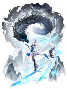 Rule 34 | 1girl, absurdly long hair, absurdres, akusamu, alternate costume, asymmetrical legwear, azur lane, black boots, black gauntlets, black hair, boots, breasts, bridal gauntlets, commentary request, dragon, eastern dragon, epaulettes, gradient hair, hai tien (azur lane), high heel boots, high heels, high ponytail, highres, large breasts, long hair, long sleeves, looking at viewer, mountain, multicolored hair, multiple swords, ponytail, ship turret, sideboob, simple background, single epaulette, single sleeve, single thighhigh, solo, standing on weapon, sword, thighhighs, very long hair, weapon, white background, white hair, wide sleeves, yellow eyes