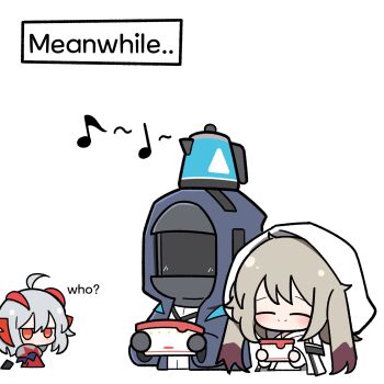 1other 2girls ahoge animal_ears arknights black_jacket closed_eyes commentary doctor_(arknights) electric_kettle grey_hair hierda_(arknights) highres hood hooded_jacket jacket kettle malrangdonut mask multiple_girls musical_note orange_eyes rabbit_ears rabbit_girl symbol-only_commentary w_(arknights) white_hood wis&#039;adel_(arknights)