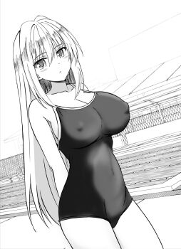 1girl arm_behind_back blush breasts cleavage collarbone covered_erect_nipples covered_navel cowboy_shot greyscale hair_between_eyes hair_down hako_roku highres large_breasts long_hair looking_at_viewer makai_gacha_wa_kyou_mo_shibui monochrome non-web_source outdoors parted_lips pool poolside ravi school_swimsuit sidelocks solo standing swimsuit variant_set