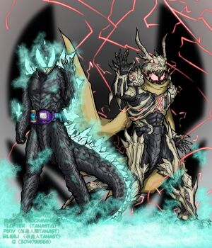 2boys abs adapted_costume alien armor aura black_tail cosplay crossover cyborg_human_tanast demon demon_boy dragon rider_belt glowing glowing_eyes godzilla godzilla:_final_wars godzilla_(cosplay) godzilla_(series) gold_horns highres horns hydra kaiju kamen_rider kamen_rider_revice keizer_ghidorah lightning male_focus monster_x multiple_boys muscular muscular_male red_lightning revice_driver rider_belt sharp_teeth space_monster spikes spines tail teeth toho tokusatsu vistamp