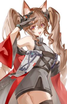 Rule 34 | 1girl, :d, angelina (arknights), animal ears, arknights, arknights: endfield, arm up, armpits, ass, bare shoulders, bilibili 33598985, black gloves, black thighhighs, breasts, brown hair, chinese commentary, commentary request, cowboy shot, dress, fox ears, gilberta (arknights), gloves, grey dress, hair between eyes, highres, infection monitor (arknights), long hair, long sleeves, looking at viewer, off shoulder, official alternate costume, open clothes, open mouth, red eyes, simple background, sleeveless, smile, solo, teeth, thighhighs, twintails, wavy hair, white background
