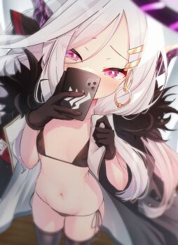 1girl bikini bikini_under_clothes black_bikini black_gloves black_thighhighs blue_archive blush cellphone coat coat_on_shoulders commentary_request covered_erect_nipples duplicate flat_chest from_above fur_collar fur_trim gloves hair_ornament hato_haru highres hina_(blue_archive) holding holding_phone horns jacket loli long_hair micro_bikini multiple_horns open_clothes open_jacket phone pink_eyes pixel-perfect_duplicate purple_eyes selfie side-tie_bikini_bottom smartphone solo swimsuit thighhighs white_hair zettai_ryouiki