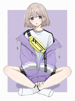 Rule 34 | 1girl, :o, bike shorts, black shorts, border, chinese commentary, commentary, earrings, fanny pack, full body, grey hair, highres, idolmaster, idolmaster shiny colors, indian style, jacket, jacket partially removed, jewelry, purple background, purple jacket, qaqyes re, serizawa asahi, shirt, short hair, shorts, simple background, sitting, socks, solo, white border, white shirt, white socks