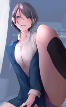 1girl akiyama_cz4a black_socks blush brown_hair commentary green_skirt hair_between_eyes highres lips looking_at_viewer mole mole_under_mouth open_mouth original panties pantyshot pleated_skirt purple_eyes purple_panties short_hair skirt smile socks solo spread_legs underwear