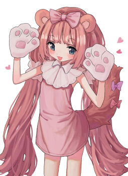 1girl animal_ears bare_legs blue_eyes blush bow chromu gloves hair_bow heart highres indie_virtual_youtuber long_hair looking_at_viewer open_mouth paw_gloves pink_hair simple_background skinny smile solo twintails virtual_youtuber white_background