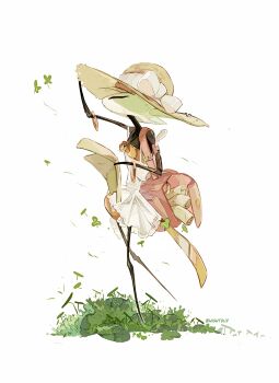 1girl adjusting_clothes adjusting_headwear alternate_costume arm_up bag bare_shoulders bow bracelet brown_hat commentary dress english_commentary film_grain full_body gold_bracelet halftone hat hat_bow highres hightguy holding holding_map hollow_eyes hollow_knight hollow_knight:_silksong jewelry map no_mouth red_bag rolled_up_paper shakra_(hollow_knight) short_dress simple_background sleeveless sleeveless_dress solo standing standing_on_one_leg sun_hat white_background white_bow white_dress