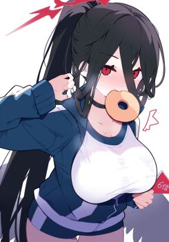 1girl absurdres black_choker black_hair black_wings blue_archive blue_jacket breasts choker commentary_request donut feathered_wings food food_in_mouth gym_shirt gym_shorts gym_uniform hair_between_eyes halo hasumi_(blue_archive) hasumi_(track)_(blue_archive) highres huge_breasts jacket long_hair looking_at_viewer low_wings mole mole_under_eye mouth_hold official_alternate_costume oversized_wings partially_unzipped pekeko_(pepekekeko) ponytail red_halo shirt shorts solo track_jacket very_long_hair white_shirt wings