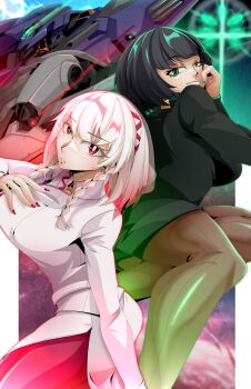 2girls 621_(armored_core_vi) absurdres allmind_(armored_core_vi) andoryu_anzuru armored_core armored_core_vi:_fires_of_rubicon ayre_(armored_core_vi) black_suit breasts business_suit earrings formal_clothes fromsoftware highres jewelry mecha mecha_focus multiple_girls office_lady pantyhose personification robot science_fiction skirt skirt_suit suit triangle_earrings v.iv_rusty white_hair