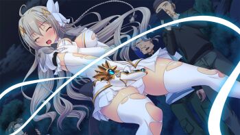 1girl 3boys ahoge blush bow braid breasts cameltoe cellphone closed_eyes covering_breasts covering_privates dress dutch_angle elbow_gloves embarrassed floating_hair game_cg genseishinki_sacred_virth gloves grabbing_own_breast green_pants grey_hair hair_between_eyes hair_intakes hair_ornament hat holding large_breasts large_variant_set long_hair magical_girl miniskirt multiple_boys night non-web_source official_art open_mouth outdoors panties pants pantyshot phone pleated_skirt sacred_claire short_dress short_sleeves skirt smartphone solo_focus taking_picture thighhighs tierna_aeride_throne torn_clothes torn_gloves torn_thighhighs underwear upskirt variant_set very_long_hair wavy_hair white_dress white_gloves white_panties white_skirt white_thighhighs yuugure_pairo