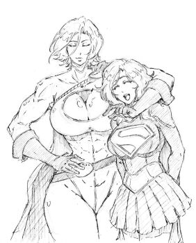 2girls belt blonde_hair blue_bodysuit blue_eyes blue_gloves bodysuit breasts cape cleavage cleavage_cutout clothing_cutout dc_comics gloves greyscale hair_between_eyes highleg highleg_leotard kubo_tite_(style) large_breasts leotard long_sleeves looking_at_viewer medium_breasts monochrome multiple_girls open_mouth power_girl power_girl_(1976_costume) rakusakugk red_belt red_cape short_hair simple_background sketch skirt sleeved_leotard smile solo supergirl superhero_costume superman_(series) superman_logo white_background white_leotard