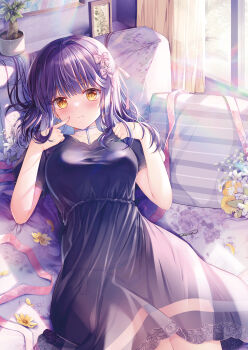 Rule 34 | 1girl, bikini, bikini under clothes, black dress, breasts, brown eyes, closed mouth, collarbone, commentary request, curtains, day, dress, flower, hands up, highres, indoors, long hair, lying, medium breasts, nanami yuuno, on back, pillow, plant, potted plant, puffy short sleeves, puffy sleeves, purple hair, rose, see-through clothes, short sleeves, side-tie bikini bottom, smile, solo, sousouman, sunlight, swimsuit, transparent, twinbox school, white flower, window, yellow flower, yellow rose