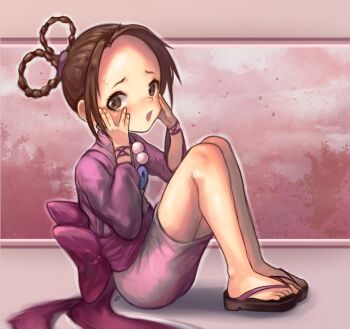 1girl ace_attorney back_bow bow brown_eyes brown_hair commentary flip-flops forehead hair_rings hands_on_own_face highres japanese_clothes kimono knees_up looking_at_viewer okobo onimiere pearl_fey pink_kimono platform_sandals sandals sitting solo