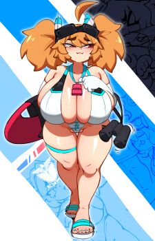 1girl absurdres ahoge bare_shoulders binoculars breasts cameltoe cerberus_(last_origin) cleft_of_venus covered_pussy elbow_gloves fang fluffy_hair gloves highres huge_ahoge jellot large_breasts last_origin looking_to_the_side nail_polish official_alternate_costume one-piece_swimsuit orange_hair pussy red_eyes sandals short_twintails solo surfboard swimsuit twintails whistle whistle_around_neck