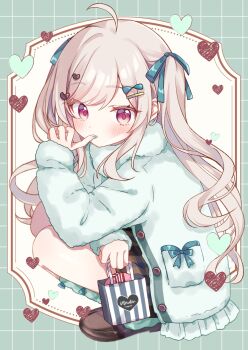 Rule 34 | 1girl, ahoge, bag, blush, bow, bow legwear, brown shoes, brown skirt, closed mouth, coat, commentary, full body, gingham clothes, gingham skirt, gomano rio, green background, green bow, green coat, green socks, grey hair, grid background, hair bow, hair ornament, hairclip, heart, highres, holding, holding bag, kneehighs, long hair, long sleeves, looking at viewer, original, red eyes, shoes, sidelocks, skirt, socks, solo, squatting, twintails, untranslatable commentary, valentine