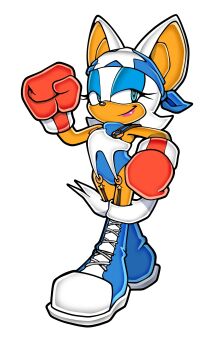 absurdres animal_ears arm_up bandana bat_ears belt blue_bandana blue_boots blue_eyes blue_leotard boots boxing_gloves breasts commentary cosplay english_commentary gloves hand_up highres justice_gakuen knee_boots large_breasts leotard lipstick looking_at_viewer makeup novika pink_lips red_gloves rouge_the_bat short_hair simple_background smile sonic_(series) strap tiffany_lords tiffany_lords_(cosplay) turtleneck uekawa_yuji_(style) white_background white_fur white_hair