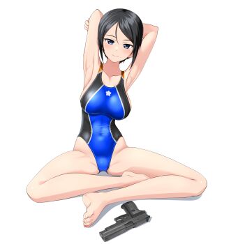Rule 34 | 1girl, absurdres, armpits, arms behind head, barefoot, black eyes, black hair, blue one-piece swimsuit, breasts, chouno ami, commentary request, competition swimsuit, feet, girls und panzer, gun, handgun, highres, indian style, large variant set, looking at viewer, medium breasts, multicolored swimsuit, one-piece swimsuit, presenting armpit, short hair, sig p220/p226, sig sauer, simple background, sitting, solo, swept bangs, swimsuit, takafumi, toes, turtleneck, variant set, weapon, white background