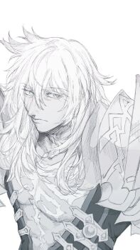 1boy armor bakushi_(kaeritai0609) closed_mouth fate/apocrypha fate_(series) green_eyes highres long_hair looking_at_viewer male_focus pauldrons shoulder_armor siegfried_(fate) simple_background solo spot_color upper_body white_background