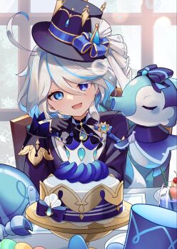 1girl :d ahoge black_gloves blue_eyes blue_gemstone blue_hat blue_pupils blue_streaks colored_inner_hair commentary_request drinking_straw drop-shaped_pupils fork furina_(genshin_impact) gem genshin_impact gentilhomme_usher gloves hair_between_eyes hand_up hat head_tilt heterochromia highres holding holding_fork long_sleeves looking_at_viewer mademoiselle_crabaletta medium_hair multicolored_hair open_mouth sitting smile solo streaked_hair surintendante_chevalmarin symbol-shaped_pupils teardrop-shaped_gem white_hair yu_ri_0320