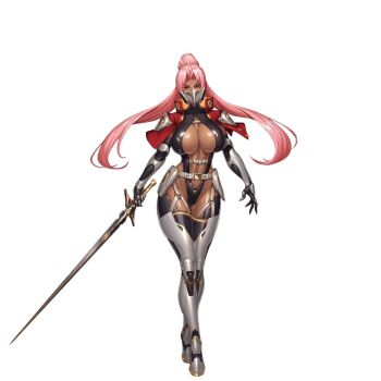 1girl action_taimanin alternate_costume breasts curvy dark-skinned_female dark_skin full_body highleg highleg_leotard holding holding_sword holding_weapon ingrid_(taimanin_asagi) kagami_hirotaka large_breasts leotard lilith-soft looking_at_viewer official_alternate_costume pink_hair revealing_clothes shiny_skin sword taimanin_(series) taimanin_rpgx thong_leotard weapon wide_hips