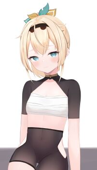 black_hairband black_shorts blonde_hair blue_eyes blush breasts cleavage closed_mouth clothing_cutout commentary_request covered_groin covered_navel gluteal_fold hairband highres hip_vent hololive kazama_iroha looking_at_viewer riya_(01214) sarashi shorts sitting small_breasts solo thigh_gap virtual_youtuber white_background