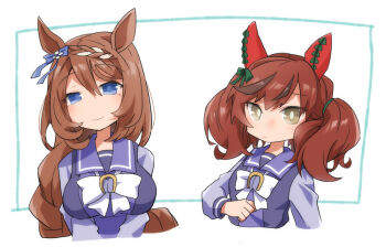 2girls beer_hsk blue_bow blue_eyes bow braid breasts brown_eyes brown_hair closed_mouth commentary_request cropped_torso ear_bow green_bow hair_between_eyes large_breasts long_hair long_sleeves multicolored_hair multiple_girls nice_nature_(umamusume) puffy_long_sleeves puffy_sleeves purple_shirt school_uniform shirt smile streaked_hair super_creek_(umamusume) tracen_school_uniform twintails umamusume upper_body very_long_hair white_background white_bow