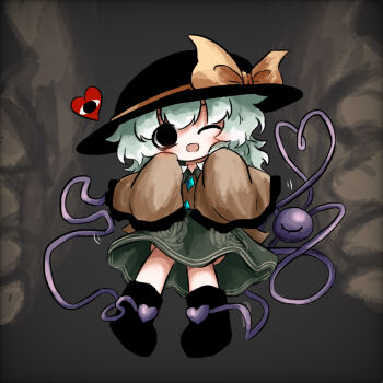 1girl black_boots black_eyes black_hat blush boots bow buttons deformed diamond_button fedora floral_print frilled_sleeves frills green_eyes green_skirt grey_background hat hat_bow heart heart_of_string heripantomorrow komeiji_koishi long_sleeves looking_at_viewer medium_hair one_eye_closed open_mouth shirt skirt smile solo third_eye touhou wide_sleeves yellow_bow yellow_shirt