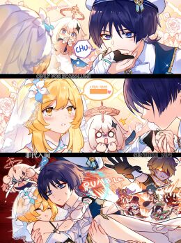 >_< 3girls 6+boys aether_(genshin_impact) aiming_at_another bandeau beret black_gloves black_hair black_hat black_pants black_shirt blonde_hair blue_cape blue_eyes blue_pupils blue_trim blunt_ends bow bow_(weapon) bowtie braid bridal_veil bright_pupils cape capelet carrying chasing choppy_bangs circle_hands closed_eyes closed_mouth collared_shirt couple covering_own_mouth crying dark-skinned_female dark_skin detached_sleeves diamond_hair_ornament dress_shirt earrings enjou_(genshin_impact) eye_mask eyelashes eyeliner facing_another fake_horns feathers fleeing floral_background flower genshin_impact gloves glowing glowing_eyes gold_halo gold_trim green_capelet green_feathers green_hair green_hat halo halo_behind_head hand_on_another's_back hand_on_another's_thigh hands_on_own_head hands_up hat hat_feather hetero high_twin_braids highres holding holding_bow_(weapon) holding_hands holding_polearm holding_weapon horns jeht_(genshin_impact) jewelry kissing_own_hand lace-trimmed_veil lace_trim large_bow light_blush long_sleeves looking_at_another low_twin_braids lumine_(genshin_impact) lyney_(genshin_impact) makeup mask mechanical_halo medium_hair middle_ring multiple_boys multiple_girls naiah_504 o_o official_alternate_costume outstretched_arm paimon_(genshin_impact) pairing_name pants partially_fingerless_gloves pelvic_curtain polearm princess_carry purple_eyes red_eyeliner red_mask romper rose sailor_hat scaramouche_(genshin_impact) scarf shaded_face shirt short_hair short_hair_with_long_locks shoulder_spikes sidelocks speech_bubble spikes streaming_tears tareme tears top_hat turn_pale twin_braids twitter_username v-shaped_eyebrows vambraces veil venti_(genshin_impact) wanderer_(genshin_impact) wanderer_(resplendent_feast)_(genshin_impact) weapon white_bandeau white_bow white_bowtie white_flower white_gloves white_hair white_hat white_pupils white_romper white_rose white_scarf white_shirt white_sleeves white_veil xiao_(genshin_impact) yellow_eyes yellow_horns