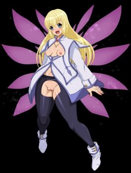 1girl angel blonde_hair bottomless breasts breasts_out clothing_cutout colette_brunel cutout flashing happy long_hair looking_at_viewer nipples no_panties nude pink.s presenting presenting_breasts presenting_pussy pussy pussy_cutout revealing_clothes small_breasts smile solo tales_of_(series) tales_of_symphonia thick_thighs thighs topless_female wings