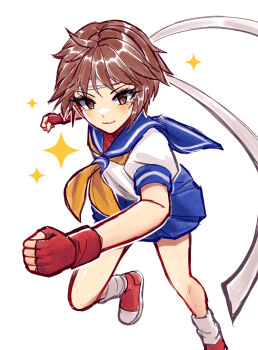 1girl blue_sailor_collar blue_skirt brown_eyes brown_hair commentary fingerless_gloves gloves headband inktober kamaniki kasugano_sakura neckerchief red_gloves sailor_collar sailor_shirt shirt simple_background skirt solo sparkle street_fighter white_background white_headband yellow_neckerchief