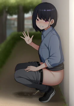 1girl belt black_belt black_hair black_shoes blurry blurry_background blush clothes_pull from_side full_body grin highres looking_at_viewer maanii original outdoors pants pants_pull pee pee_puddle peeing purple_eyes shadow shirt shoes short_hair smile solo squatting tiptoes tree undershirt