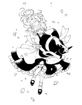 Rule 34 | 1girl, :d, bow, braid, buttons, closed eyes, commentary request, falling petals, floating hair, greyscale, hair bow, hat, hat ribbon, highres, holding, holding unworn clothes, holding unworn hat, kirisame marisa, long hair, monochrome, natsume (menthol), open mouth, petals, petticoat, puffy short sleeves, puffy sleeves, ribbon, shirt, shoes, short sleeves, single braid, skirt, smile, socks, solo, touhou, unworn hat, unworn headwear, vest, white background, witch hat