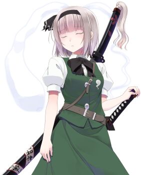 1girl arm_at_side belt belt_buckle black_bow black_bowtie black_hairband black_ribbon blunt_bangs blush bow bowtie buckle buttons closed_eyes closed_mouth commentary_request cowboy_shot crote eyelashes furrowed_brow green_skirt green_vest hair_ribbon hairband highres katana konpaku_youmu konpaku_youmu_(ghost) large_variant_set looking_to_the_side medium_skirt puffy_short_sleeves puffy_sleeves ribbon sheath sheathed shirt short_hair short_sleeves skirt solo standing sword sword_on_back tachi-e teeth touhou transparent_background variant_set vest weapon weapon_on_back white_hair white_shirt