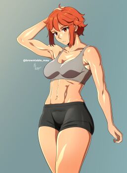 1girl abs blush gym_shorts hope_griffin_(browntable) looking_at_viewer maudrawz muscular muscular_female red_eyes red_hair shiny_skin short_hair shorts solo sports_bra