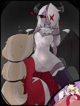 2girls alternate_species blush breasts charlie_morningstar colored_skin commentary demon_girl demon_horns demon_wings dreaming english_commentary formal_clothes glowing glowing_eyes grey_skin hair_over_one_eye hazbin_hotel hellaverse highres horns imagining mono_rnrn multiple_girls nightgown pubic_tattoo red_eyes red_suit see-through_clothes suit tattoo vaggie wings yuri