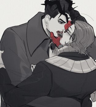 2boys absurdres alternate_costume arm_around_waist ascot back bags_under_eyes beard_stubble blood blood_drip blood_in_mouth blood_on_face blush brooch coat collared_shirt colored_extremities colored_skin drooling e.g.o_(project_moon) eye_contact facial_hair flower flower_over_eye forehead formal_clothes french_kiss from_behind from_side gem glasses gloves gregor_(project_moon) grey_background greyscale hair_slicked_back half-closed_eyes hand_on_another's_arm hand_on_another's_cheek hand_on_another's_chin hand_on_another's_face hand_on_own_face hand_on_own_forehead hand_on_own_head hand_up high_collar highres holding hug jacket jewelry kiss la_manchaland_(identity)_(project_moon) licking limbus_company limited_palette long_sleeves looking_at_another looking_down looking_up male_focus meursault_(project_moon) monochrome multiple_boys official_alternate_costume open_mouth photoshop_(medium) project_moon red-tinted_eyewear red_eyes red_flower red_rose red_skin ribbed_shirt rose saliva saliva_trail scarf shirt short_hair sideburns simple_background spot_color stole striped_clothes striped_scarf stubble suit sunglasses teeth thorns tinted_eyewear tongue tongue_out upper_body upper_teeth_only vampire white_background yaoi yearning-mircalla_(e.g.o)