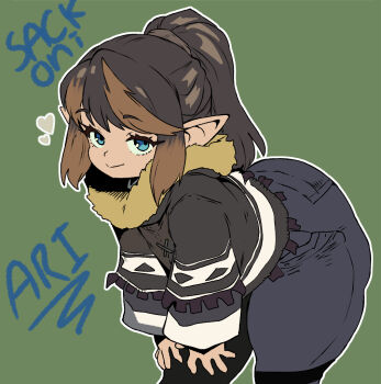 1girl artist_name ass blue_pants brown_hair closed_mouth coat eyebrows_hidden_by_hair final_fantasy final_fantasy_xiv flat_chest from_side fur-trimmed_coat fur_trim green_background hands_on_own_knee huge_ass lalafell leaning_forward looking_at_viewer medium_hair pants pointy_ears sackoni simple_background smile solo warrior_of_light_(ff14)