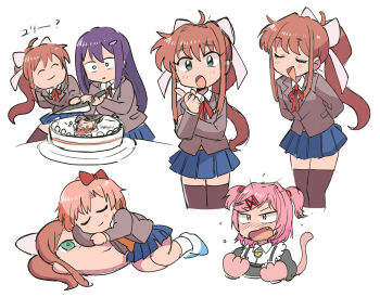 Rule 34 | 4girls, blue skirt, blush, bow, brown hair, brown thighhighs, cake, collared shirt, doki doki literature club, doki doki literature club school uniform, fang, food, green eyes, hair bow, hair ornament, hairclip, highres, holding, holding knife, knife, long hair, long sidelocks, long sleeves, lying, monika (doki doki literature club), multiple girls, natsuki (doki doki literature club), on side, pink eyes, pink hair, pleated skirt, ponytail, purple hair, red bow, sayori (doki doki literature club), school uniform, shirt, short hair, short twintails, sidelocks, simple background, skirt, sleeping, thighhighs, tsubobot, twintails, white background, white bow, white shirt, x hair ornament, yuri (doki doki literature club)