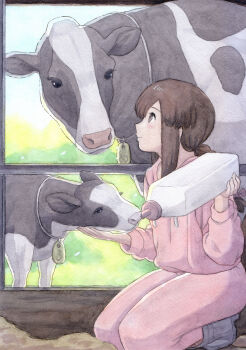 1girl alternate_costume animal baby_animal boots bottle braid brown_eyes brown_hair calf_(animal) calves closed_mouth commentary cow day feeding hair_ribbon highres hood hoodie isonami_(kancolle) kantai_collection kneeling long_hair long_sleeves nijiboushi outdoors painting_(medium) pants pink_hoodie pink_pants ribbon sidelocks traditional_media watercolor_(medium)