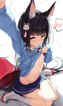 1girl absurdres alternate_costume animal_ear_fluff animal_ears arm_up azur_lane bag black_hair blush clothes_lift flat_chest fox_ears hamiro highres kindergarten_uniform loli long_hair nagato_(azur_lane) nipples paid_reward_available sitting skirt socks solo spoken_blush yellow_eyes