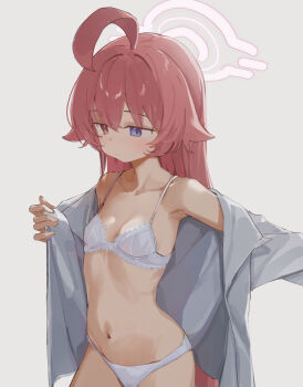 1girl ahoge armpits arsyky14 bare_shoulders blonde_hair blue_archive blue_eyes blush bra breasts closed_mouth collarbone commentary dot_mouth dot_nose duplicate expressionless frilled_bra frills grey_background grey_shirt hair_between_eyes halo hand_up heterochromia highres hoshino_(blue_archive) huge_ahoge loli long_hair long_sleeves navel open_clothes open_shirt orange_eyes outstretched_arm panties pink_hair pink_halo shirt simple_background small_breasts solo standing stomach thighs underwear very_long_hair white_bra white_panties