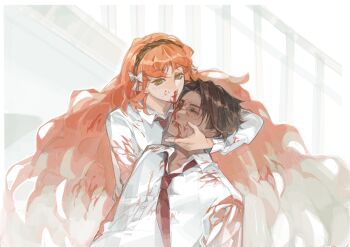 1boy 1girl absurdres big_hair blood blood_on_clothes blood_on_face blood_on_hands bow brown_hair brown_hairband chainsaw_man closed_eyes closed_mouth commentary english_commentary green_eyes hair_bow hairband heathcliff_(project_moon) highres ishmael_(project_moon) limbus_company long_hair necktie nosebleed orange_hair parody project_moon red_necktie rope scene_reference senia_soft sidelocks simple_background stairs upper_body very_long_hair wavy_hair white_background white_bow