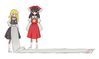 2girls absurdres apron ascot bare_shoulders black_hair black_skirt black_vest blonde_hair bow braid closed_mouth commentary detached_sleeves expressionless full_body hair_tubes hakurei_reimu highres kirisame_marisa long_sleeves multiple_girls niru_(ka_k_0517) no_headwear red_bow red_eyes red_shirt red_skirt shirt skirt sleeveless sleeveless_shirt smile socks touhou vest white_background white_shirt white_socks yellow_ascot yellow_eyes