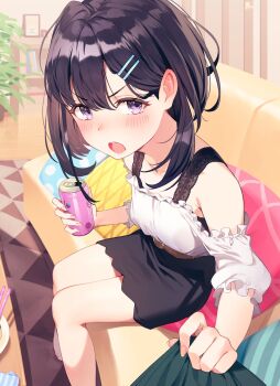 1girl black_dress black_hair can carpet clothes_grab couch cover cover_page cushion dress drunk hair_ornament hairclip highres himuro_mafuyu holding holding_can indoors looking_at_another medium_hair novel_cover nyum off-shoulder_shirt off_shoulder official_art open_mouth pov purple_eyes share_house_de_saikai_shita_motokano_ga_sematte_kuru shirt sitting wooden_floor