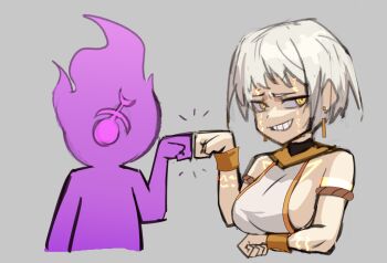 1girl 1other arm_tattoo clenched_teeth commentary cropped_torso earrings english_commentary facial_tattoo fist_bump genderswap genderswap_(mtf) grey_background jewelry lorgar_aurelian podobrick slaanesh tattoo teeth warhammer_40k white_hair yellow_eyes